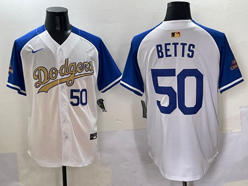 Men Los Angeles Dodgers #50 Betts White Blue Champion gold character Nike 2025 MLB Jersey style 5053